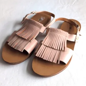 J Crew Dusty Pink Leather Fringe Flat Gladiator-ish Sandals Women's Size 7
