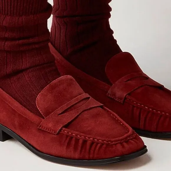 J. Crew ce823 Red Maison ruched loafers suede mismatched sizes 10.5./11 NWT