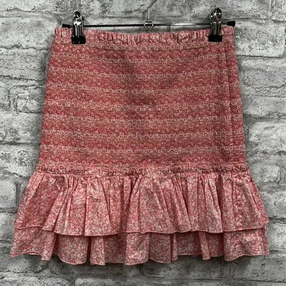 Jonathan Simkhai Sydney Floral Ruched Elastic Ruffle Smocked Mini Skirt Pink XS