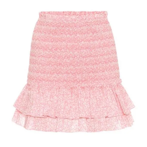 Jonathan Simkhai Sydney Floral Ruched Elastic Ruffle Smocked Mini Skirt Pink XS