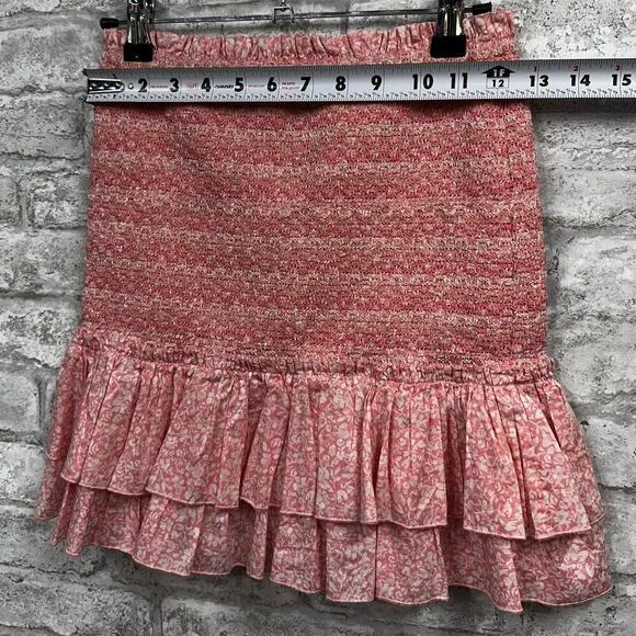 Jonathan Simkhai Sydney Floral Ruched Elastic Ruffle Smocked Mini Skirt Pink XS
