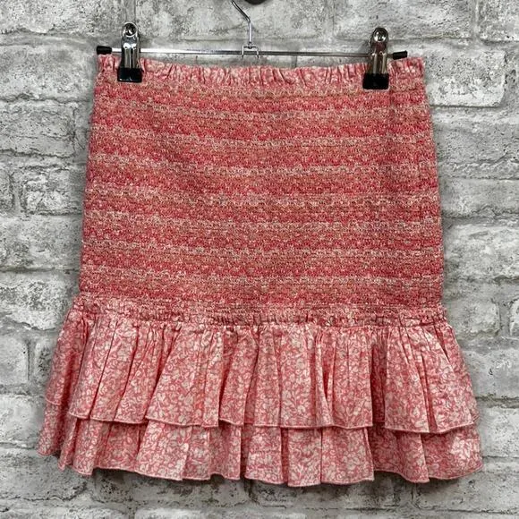 Jonathan Simkhai Sydney Floral Ruched Elastic Ruffle Smocked Mini Skirt Pink XS