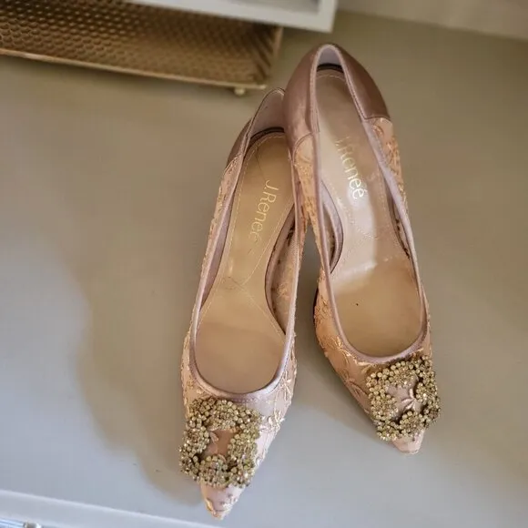 J.Renee Embroidered Lace &amp;  Gold Satin Pumps With Rhinestone Buckles Size 8M