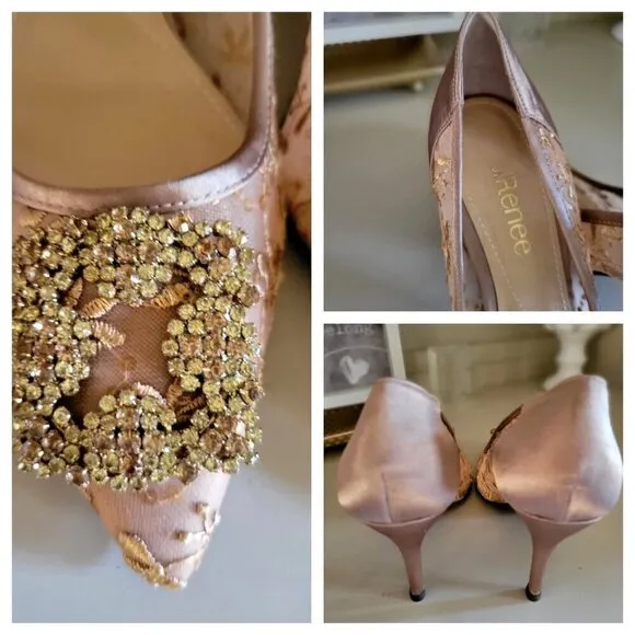 J.Renee Embroidered Lace &amp;  Gold Satin Pumps With Rhinestone Buckles Size 8M