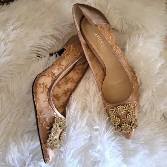 J.Renee Embroidered Lace &amp;  Gold Satin Pumps With Rhinestone Buckles Size 8M