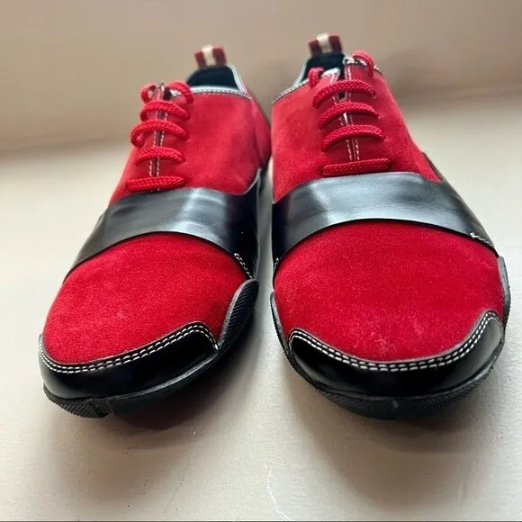 Juno New York Red Suede Black Leather Lace Up Sneaker Unisex Men EU 41 Women 10