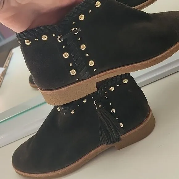 Kate spade suede leather ankle booties boots shoes studs fringe braided tassels