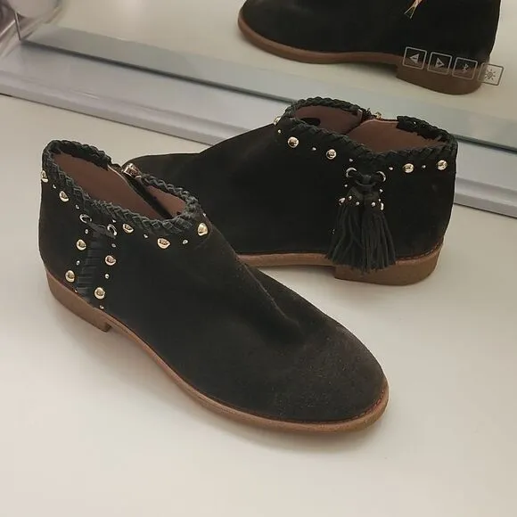 Kate spade suede leather ankle booties boots shoes studs fringe braided tassels