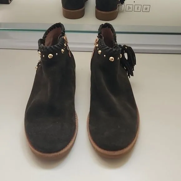 Kate spade suede leather ankle booties boots shoes studs fringe braided tassels