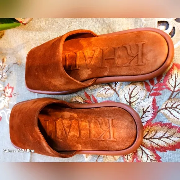 KHAITE Brown Suede Slide Sandals