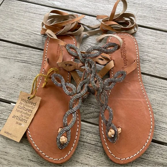 Laidback London  Henning Leather Sandals Beaded Straps Size 8 (39) NWT