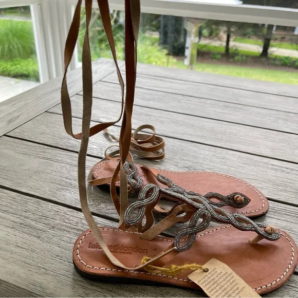 Laidback London  Henning Leather Sandals Beaded Straps Size 8 (39) NWT