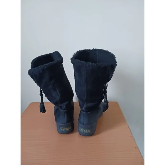 Lauren Ralph Lauren Winter Boots Mid Calf Leather Tadina Shearling Black 6.5
