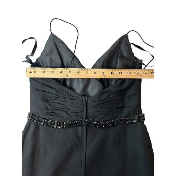 Lillian’s V Neck Faux Wrap Beaded Banding Waist Black Formal Dress Gown Size 6