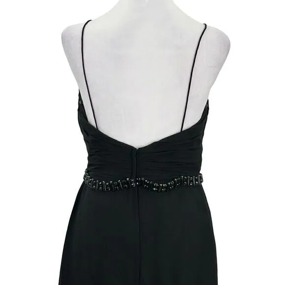 Lillian’s V Neck Faux Wrap Beaded Banding Waist Black Formal Dress Gown Size 6