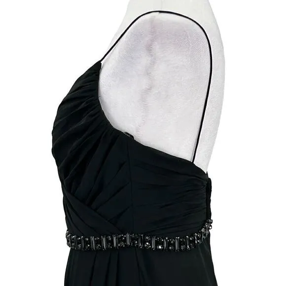 Lillian’s V Neck Faux Wrap Beaded Banding Waist Black Formal Dress Gown Size 6