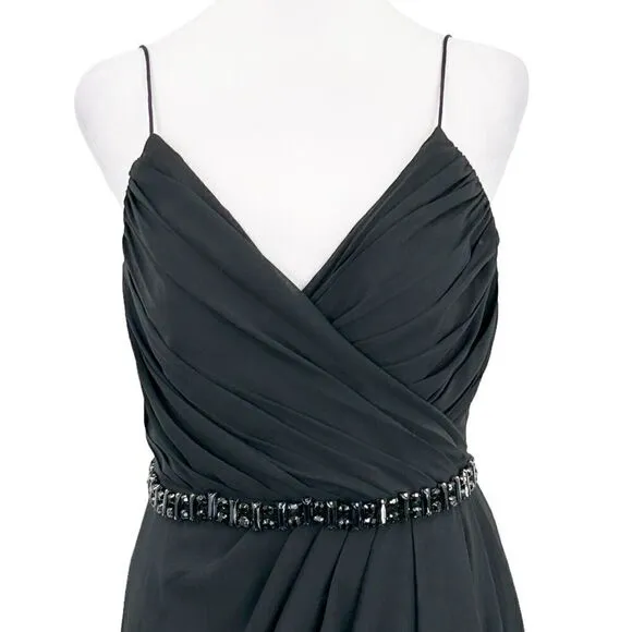 Lillian’s V Neck Faux Wrap Beaded Banding Waist Black Formal Dress Gown Size 6