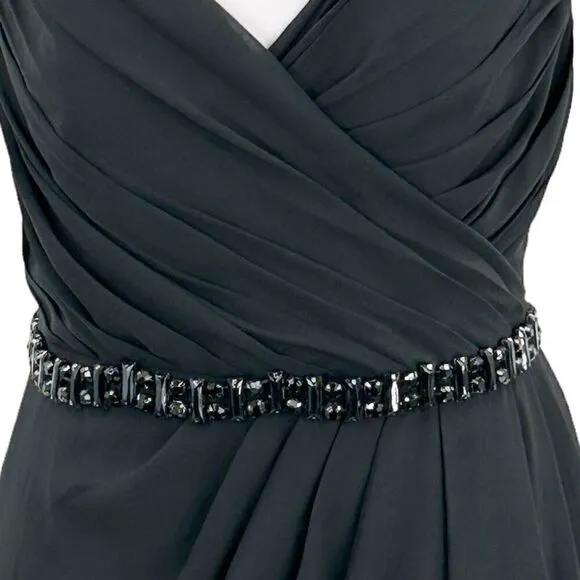 Lillian’s V Neck Faux Wrap Beaded Banding Waist Black Formal Dress Gown Size 6