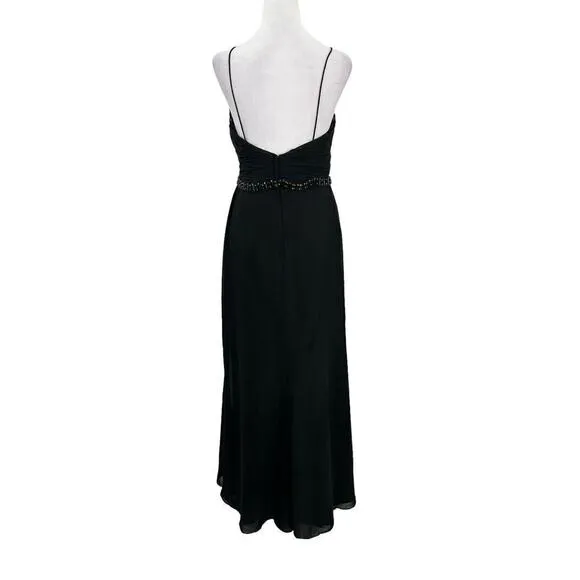 Lillian’s V Neck Faux Wrap Beaded Banding Waist Black Formal Dress Gown Size 6