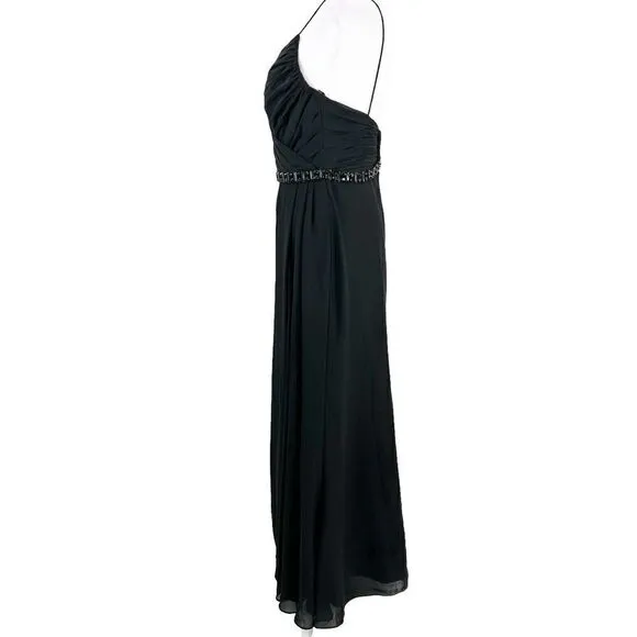 Lillian’s V Neck Faux Wrap Beaded Banding Waist Black Formal Dress Gown Size 6