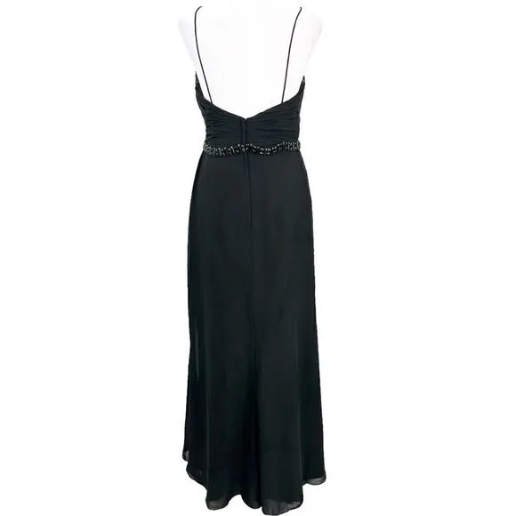 Lillian’s V Neck Faux Wrap Beaded Banding Waist Black Formal Dress Gown Size 6