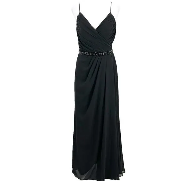 Lillian’s V Neck Faux Wrap Beaded Banding Waist Black Formal Dress Gown Size 6