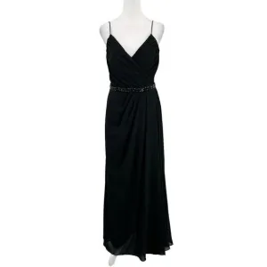 Lillian’s V Neck Faux Wrap Beaded Banding Waist Black Formal Dress Gown Size 6