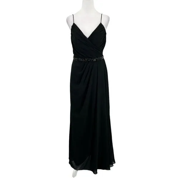Lillian’s V Neck Faux Wrap Beaded Banding Waist Black Formal Dress Gown Size 6