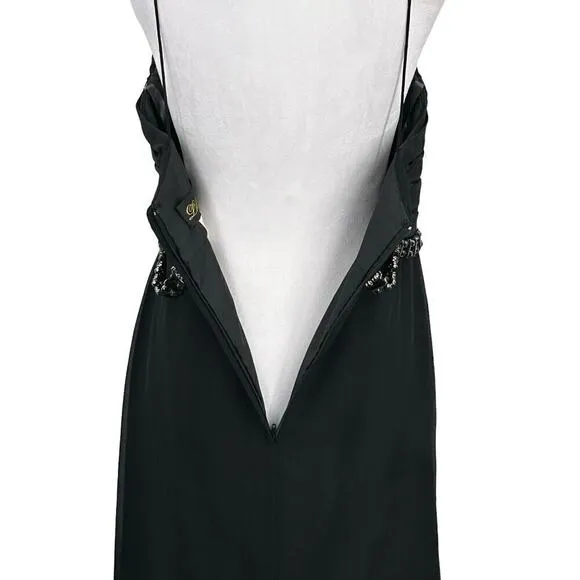 Lillian’s V Neck Faux Wrap Beaded Banding Waist Black Formal Dress Gown Size 6