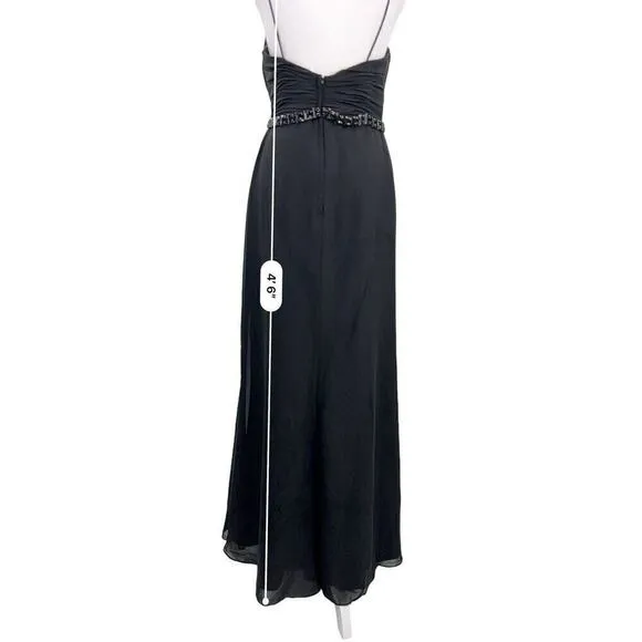 Lillian’s V Neck Faux Wrap Beaded Banding Waist Black Formal Dress Gown Size 6