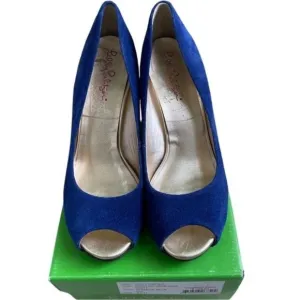 Lilly Pulitzer Resort Chic Bomber Blue Suede Peep Toe Wedge Shoes