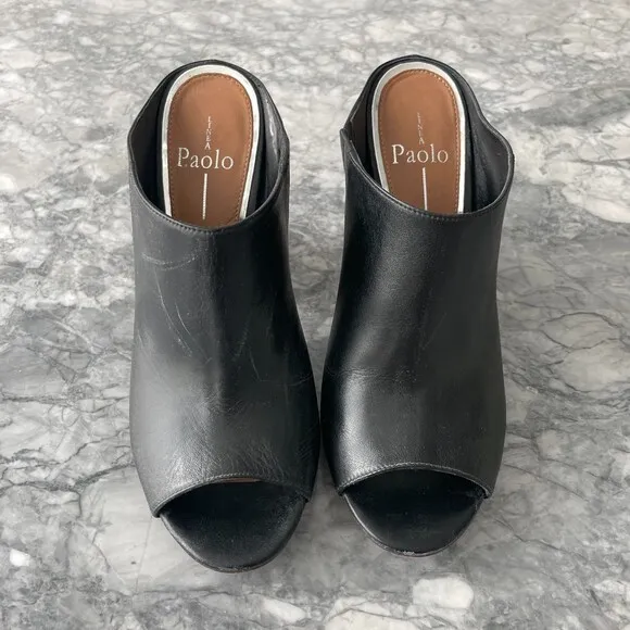 Linea Paolo Leather Block Heel Slide Mule Sandals Black 7.5