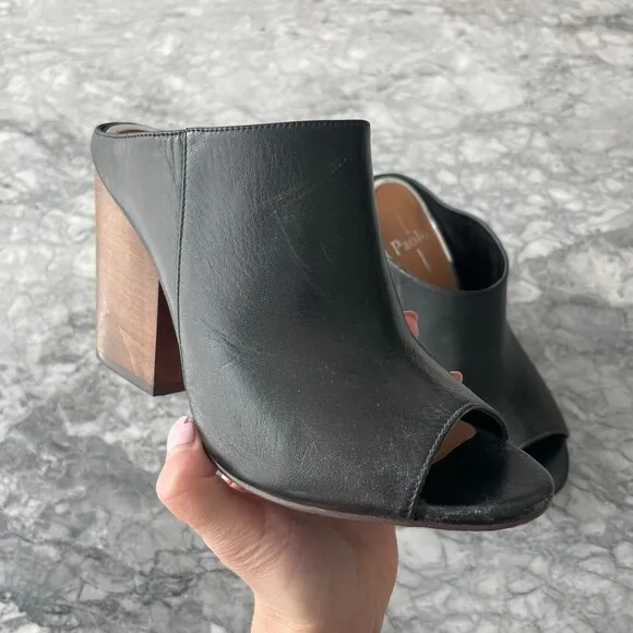 Linea Paolo Leather Block Heel Slide Mule Sandals Black 7.5