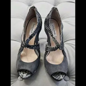 L.K. Bennett Mabel Suede Python Gray Stilletos Zip Up Heel Womens Shoes 37.5 7.5