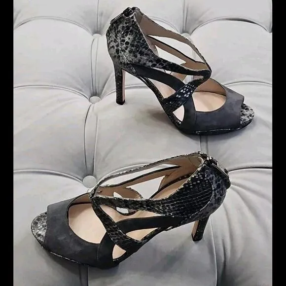 L.K. Bennett Mabel Suede Python Gray Stilletos Zip Up Heel Womens Shoes 37.5 7.5