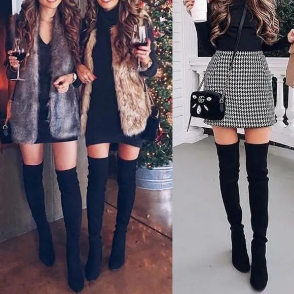 Luxe Black Vegan Suede lace up Over the Knee Boots size 7.5 New in Box