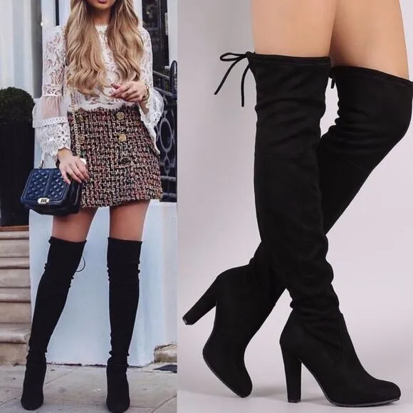 Luxe Black Vegan Suede lace up Over the Knee Boots size 7.5 New in Box