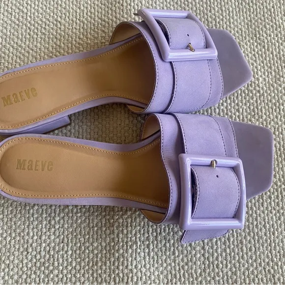 Maeve Buckle Slide Sandals Mules, Lavender Suede with Decorative Buckle Size 7.5