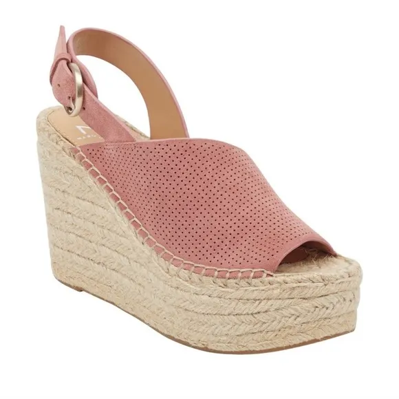 MARC FISHER ANDELA ESPADRILLE WEDGE SANDAL SHOES - Pink Suede Asymmetrical 7.5