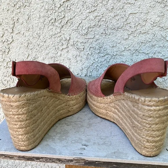 MARC FISHER ANDELA ESPADRILLE WEDGE SANDAL SHOES - Pink Suede Asymmetrical 7.5
