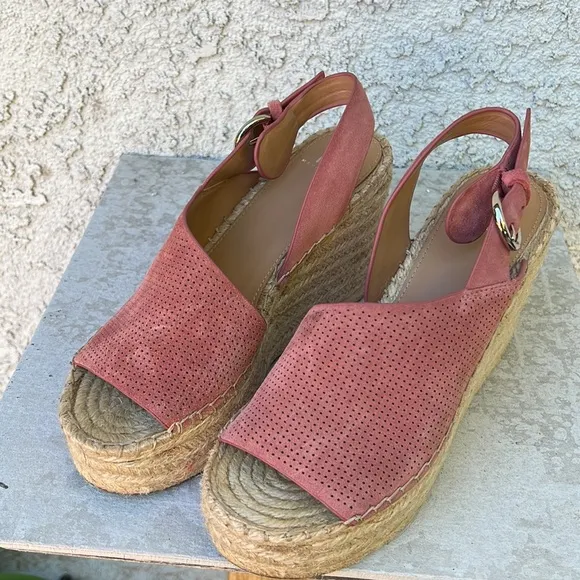MARC FISHER ANDELA ESPADRILLE WEDGE SANDAL SHOES - Pink Suede Asymmetrical 7.5