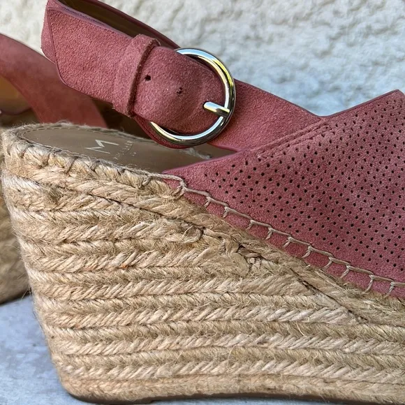 MARC FISHER ANDELA ESPADRILLE WEDGE SANDAL SHOES - Pink Suede Asymmetrical 7.5