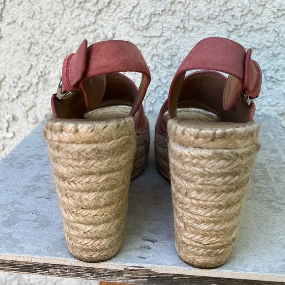 MARC FISHER ANDELA ESPADRILLE WEDGE SANDAL SHOES - Pink Suede Asymmetrical 7.5
