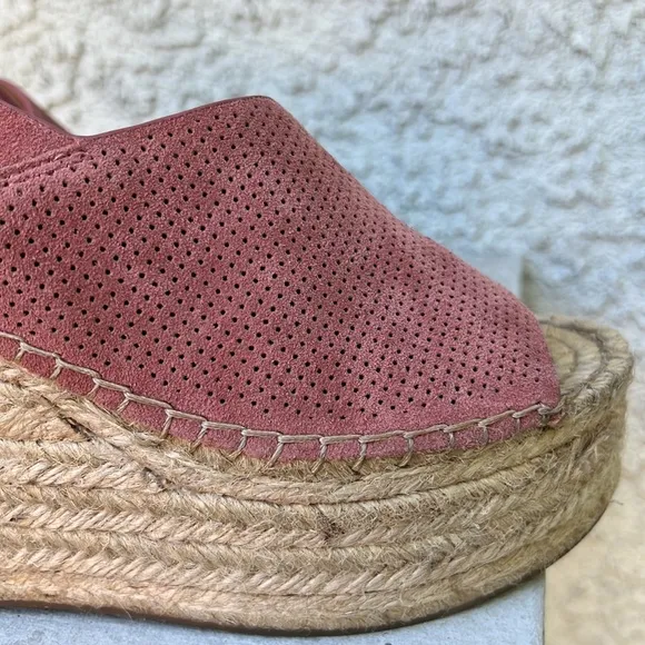 MARC FISHER ANDELA ESPADRILLE WEDGE SANDAL SHOES - Pink Suede Asymmetrical 7.5