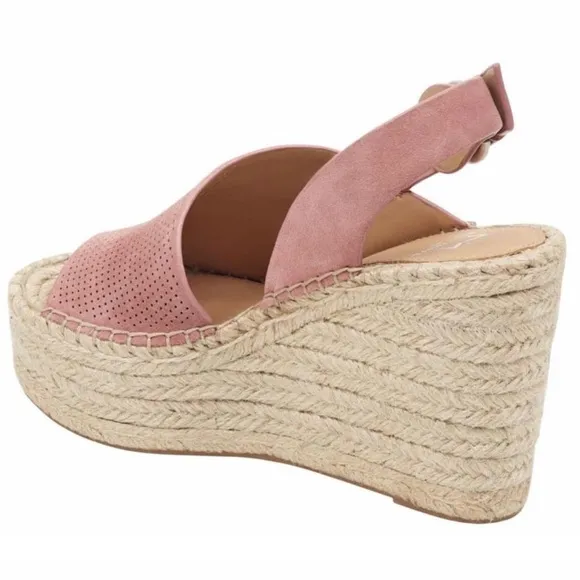 MARC FISHER ANDELA ESPADRILLE WEDGE SANDAL SHOES - Pink Suede Asymmetrical 7.5