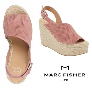 MARC FISHER ANDELA ESPADRILLE WEDGE SANDAL SHOES - Pink Suede Asymmetrical 7.5