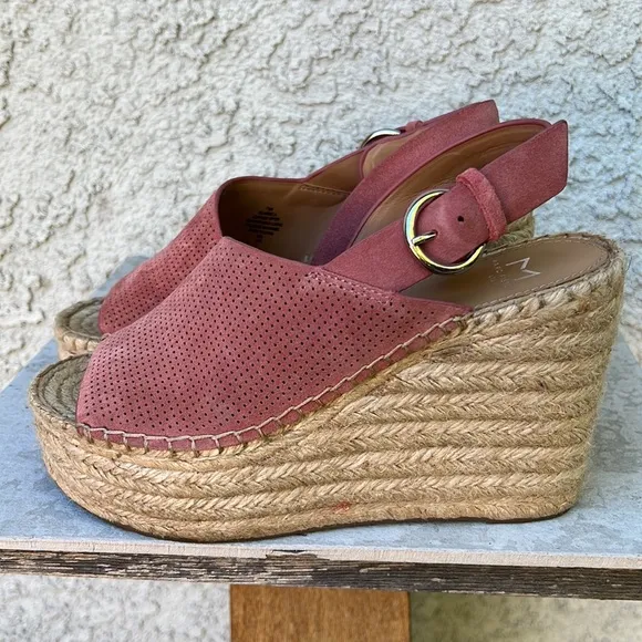 MARC FISHER ANDELA ESPADRILLE WEDGE SANDAL SHOES - Pink Suede Asymmetrical 7.5