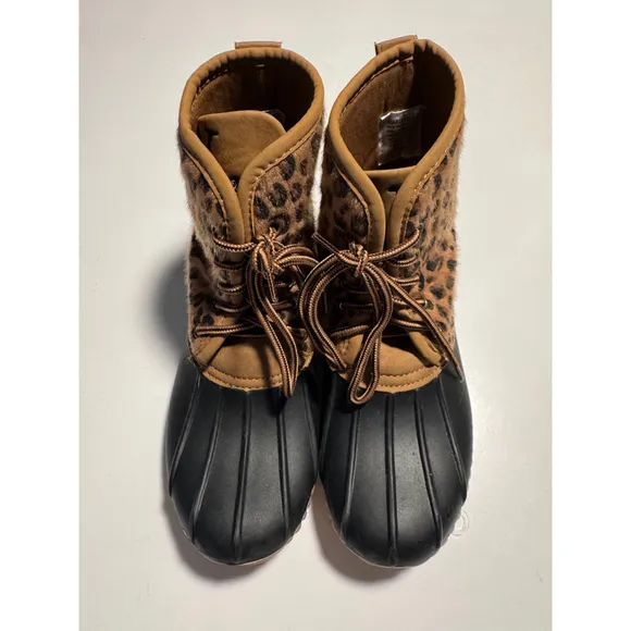Marleylilly Girls 4 Black Brown Faux Winter Rain Monogrammed Leopard Duck Boots
