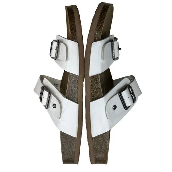 Maurices Womens Leather Cork Sole Double Buckle Strap Slide Sandals White Size 9