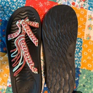 MEGNYA Black Sandals with Multicolor Braided Straps